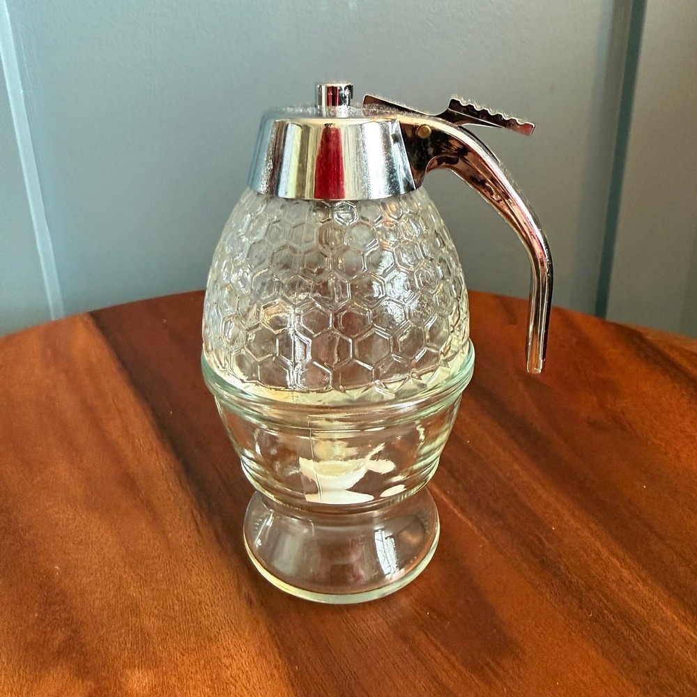 Glass‎ Honey Dispenser Server Honeycomb Texture w/ Stand Drip Stopper